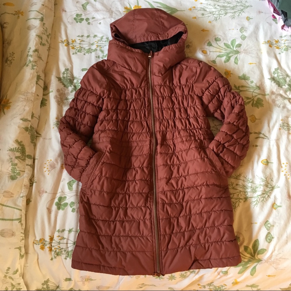 Mauve bench long puffer jacket w/ hood